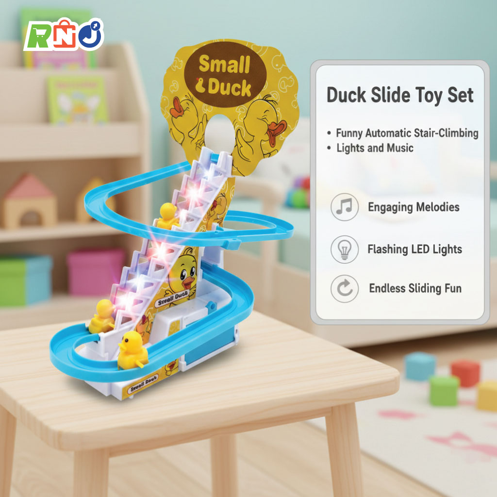 Duck Slide Toy Set, Funny Automatic Stair-Climbing Ducklings Cartoon Race Track Set with Lights and Music (Duck) - Baby Toys
